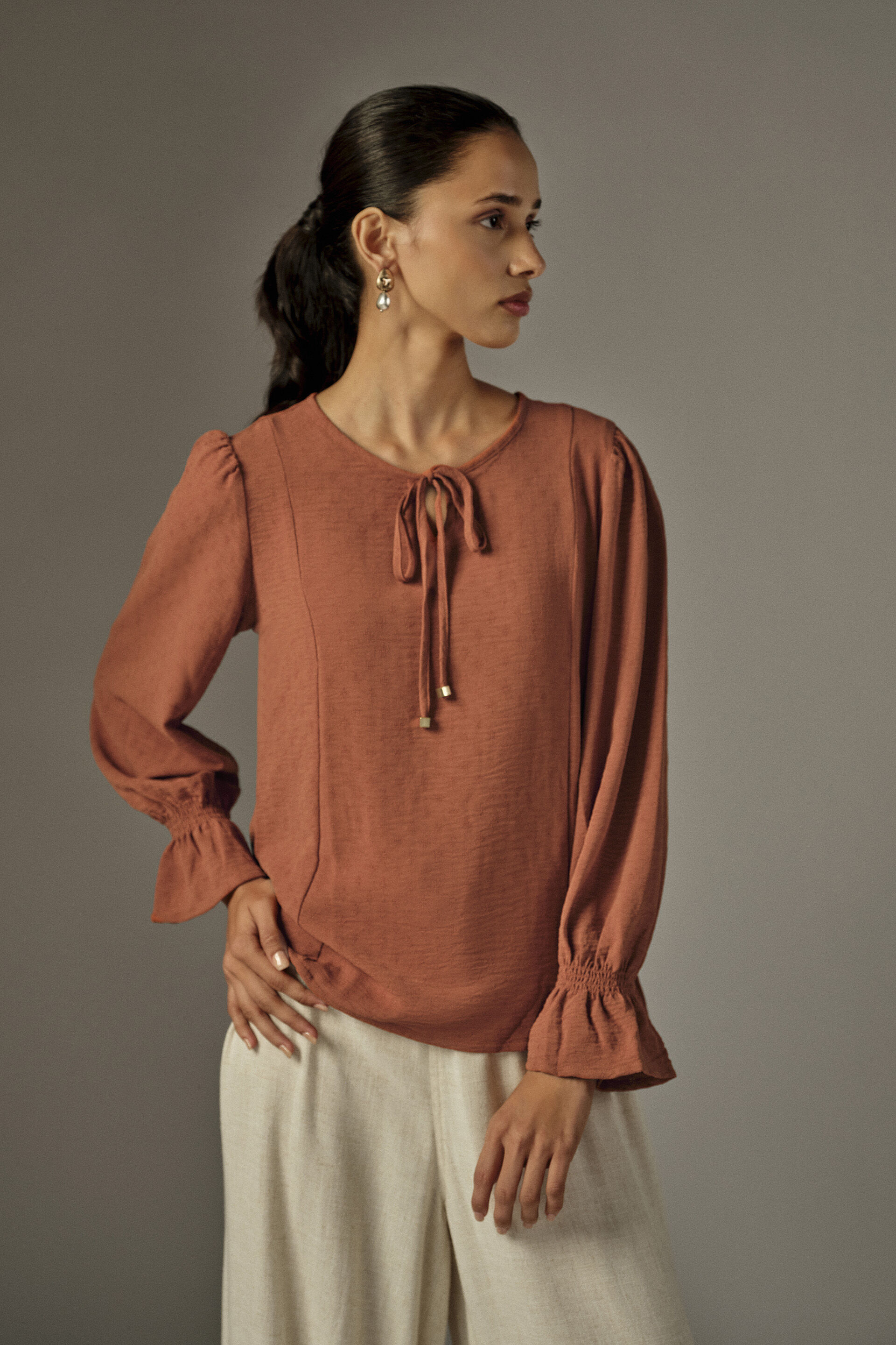 Solid Bishop Sleeves Top in Rust